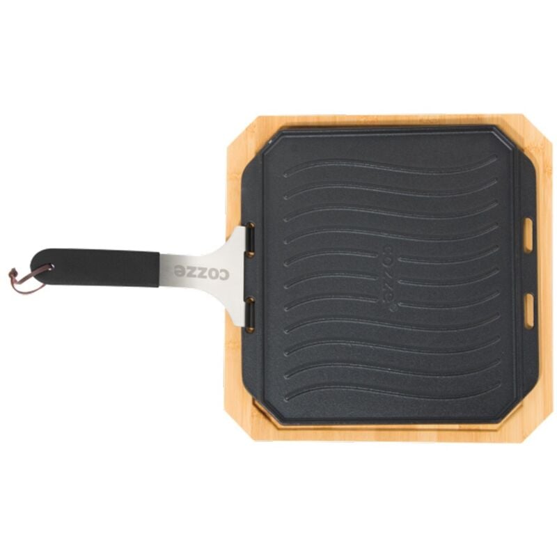 foto del prodotto ezooza piastra in ghisa 30x30 versatile con vassoio in legno per carne e pesce