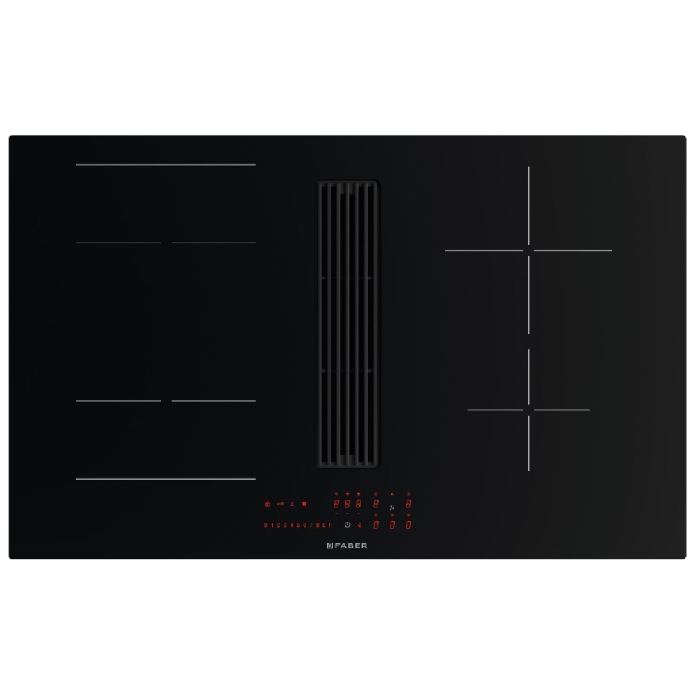 foto del prodotto faber galileo linear f830 piano cottura da incasso a induzione 83 cm con cappa integrata da 600 m3 h versione filtrante vetro nero