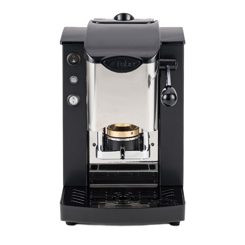 foto del prodotto faber slot inox macchina per caffe con pressacialda in ottone telaio in metallo nero e frontale in acciaio