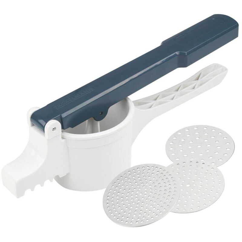 foto del prodotto fackelmann schiaccia patate, linea easy prepare, con 3 dischi di acciaio dotati di fori diversi, 35x12x42,5cm, colore blu scuro e bianco