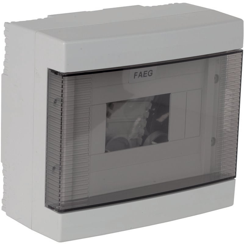 foto del prodotto faeg centralino da parete 8 moduli grigio ral 7035 con portello trasparente fum 210x180x100mm ip40 fg14408