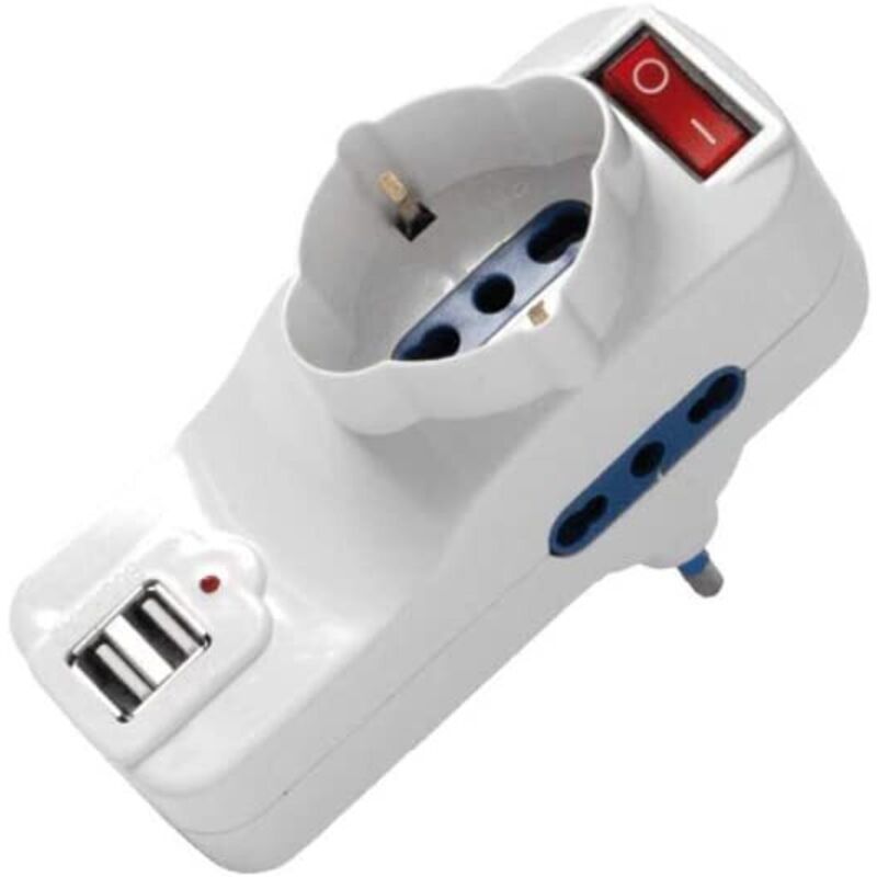 foto del prodotto fai adattatore triplo con schuko e 2 uscite usb interruttore e spina rotante