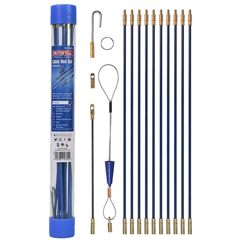 foto del prodotto faithfull faicrs330 3.3m cable access rod and accessories kit 15 pieces including 10 x 330 mm rods, blue