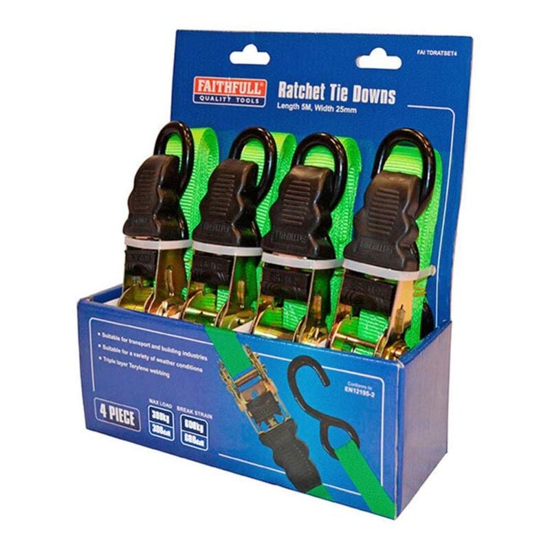 foto del prodotto faithfull faitdratset4 ratchet tie downs, 5 m x 25 mm, multi
