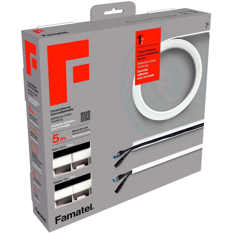 foto del prodotto famatel canalina adesiva 5 metri 10 x 16 mm nuovo formato arrotolabile rettangolare facile montaggio con autoadesivo canalina per cavi bianco