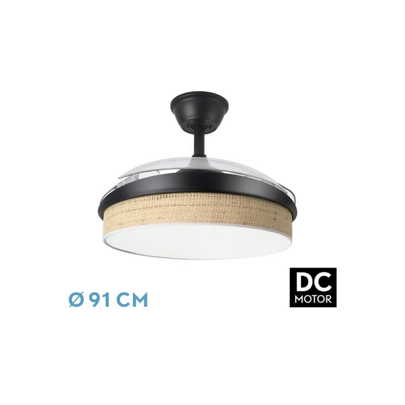 foto del prodotto fan dc fashion fan black con three abs deployable blades and clear canopy diffuser 6 speeds adjustable 3 temperatures oflight with timer and remote