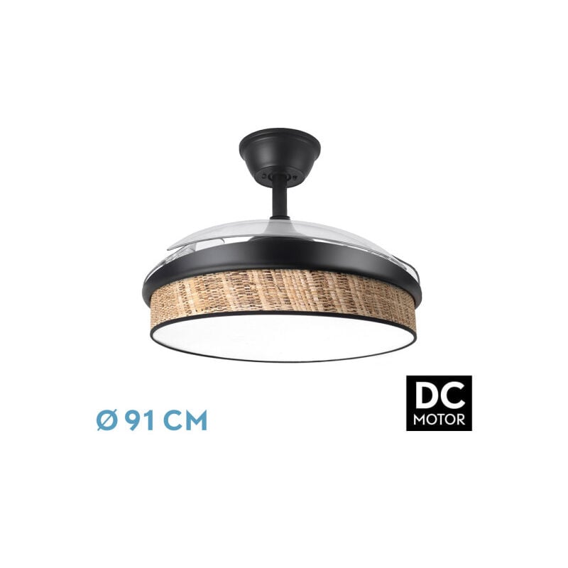 foto del prodotto fan dc fashion fan black con three abs deployable blades and dark canopy diffuser 6 speeds adjustable 3 temperatures oflight with timer and remote