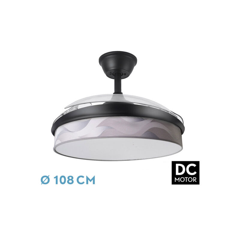 foto del prodotto fan dc fashion fan black con three abs deployable blades and grey wave diffuser 6 speeds adjustable 3 temperatures oflight with timer and remote