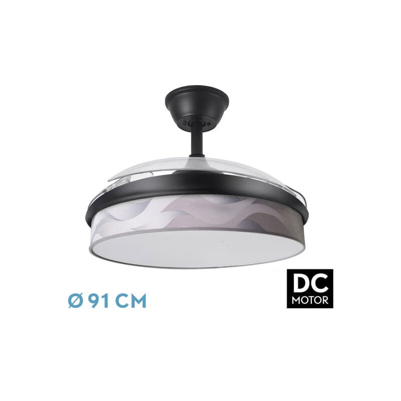 foto del prodotto fan dc fashion fan black con three abs deployable blades and grey wave diffuser 6 speeds adjustable 3 temperatures oflight with timer and remote