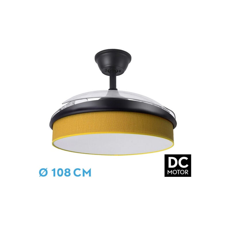 foto del prodotto fan dc fashion fan black with three abs deployable blades and yellow diffuser 6 speeds adjustable 3 temperatures oflight with timer and remote