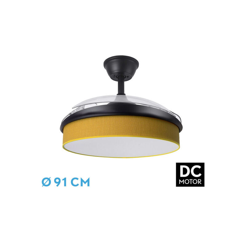 foto del prodotto fan dc fashion fan black with three abs deployable blades and yellow diffuser 6 speeds adjustable 3 temperatures oflight with timer and remote