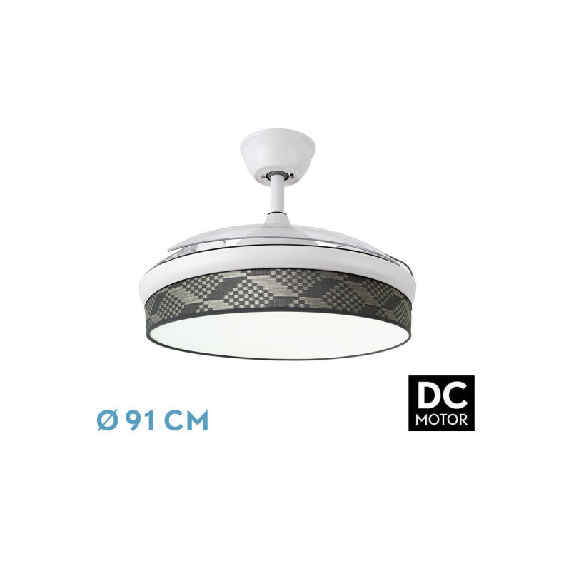 foto del prodotto fan dc fashion fan black with three abs deployable blades and yellow diffuser 6 speeds adjustable 3 temperatures oflight with timer and remote