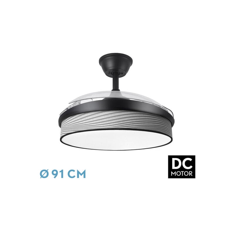 foto del prodotto fan dc fashion fan black with three abs folding blades and grey furrow diffuser 6 adjustable speeds 3 temperatures oflight with timer and remote