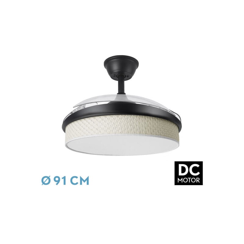 foto del prodotto fan dc fashion fan black with three abs folding blades and grey furrow diffuser 6 adjustable speeds 3 temperatures oflight with timer and remote