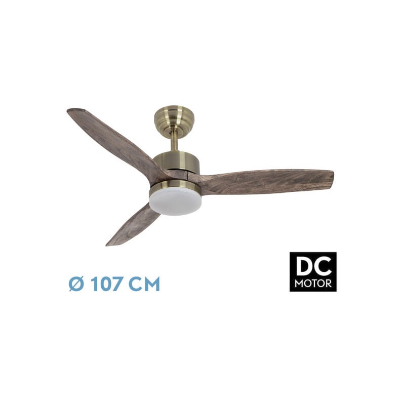 foto del prodotto fan dc torino fan leather with threefolding blades in oak colour with 6 adjustable speeds with 3 temperatures oflight remote control included