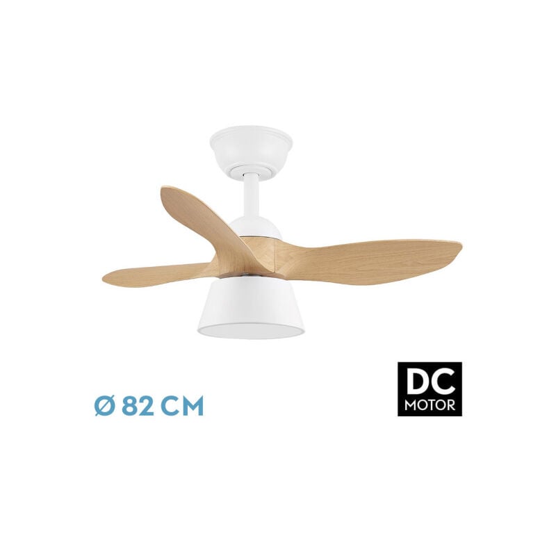 foto del prodotto fan dc white beech con threebladeswith 6 adjustable speeds 3 temperatures oflight selectable remote control included