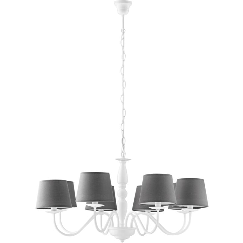 foto del prodotto fan europe lampadario favola in metallo bianco con otto paralumi in tessuto grigio 