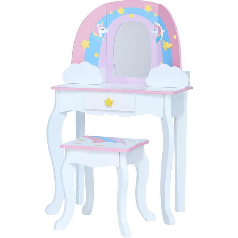 foto del prodotto fantasy fields di teamson kids little dreamer rainbow unicorn vanity set tavolo da toeletta con specchio, contenitore integrato e sedia sgabello per