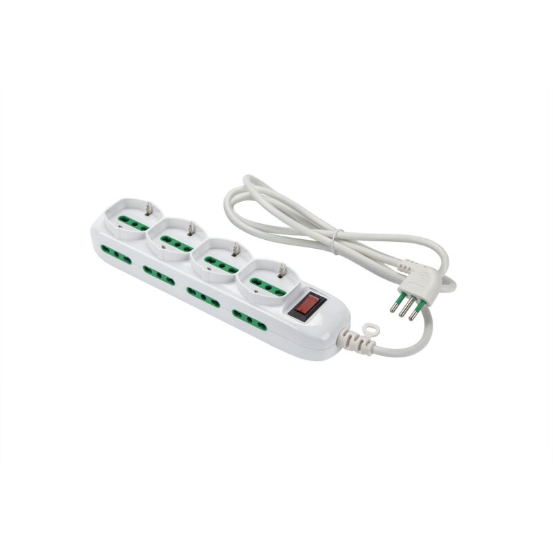 foto del prodotto fanton 474184 multipresa triax 4 prese bipasso schuko, 8 prese bipasso, cavo 1,5m, spina a squadra 10a interruttore di sicurezza, colore bianco