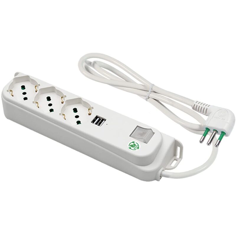 foto del prodotto fanton 474504eco multipresa 3 posti usb omega eco relife 3 prese bipasso schuko 2p t 16a 2 prese usb a 5v 3a cavo 1,5 m. spina piccola 2p t 10a 