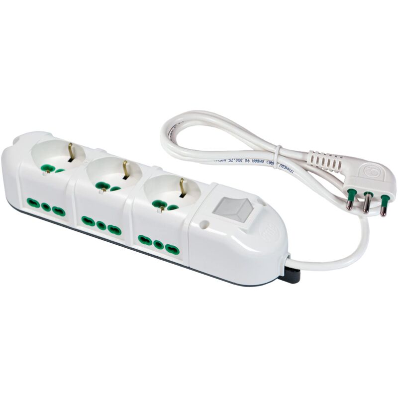 foto del prodotto fanton 481223 b multipresa elettrica 9 posti con 3 prese universali e 6 prese bivalenti italiane laterali ciabatta spina grande 16a cavo 3mt colore