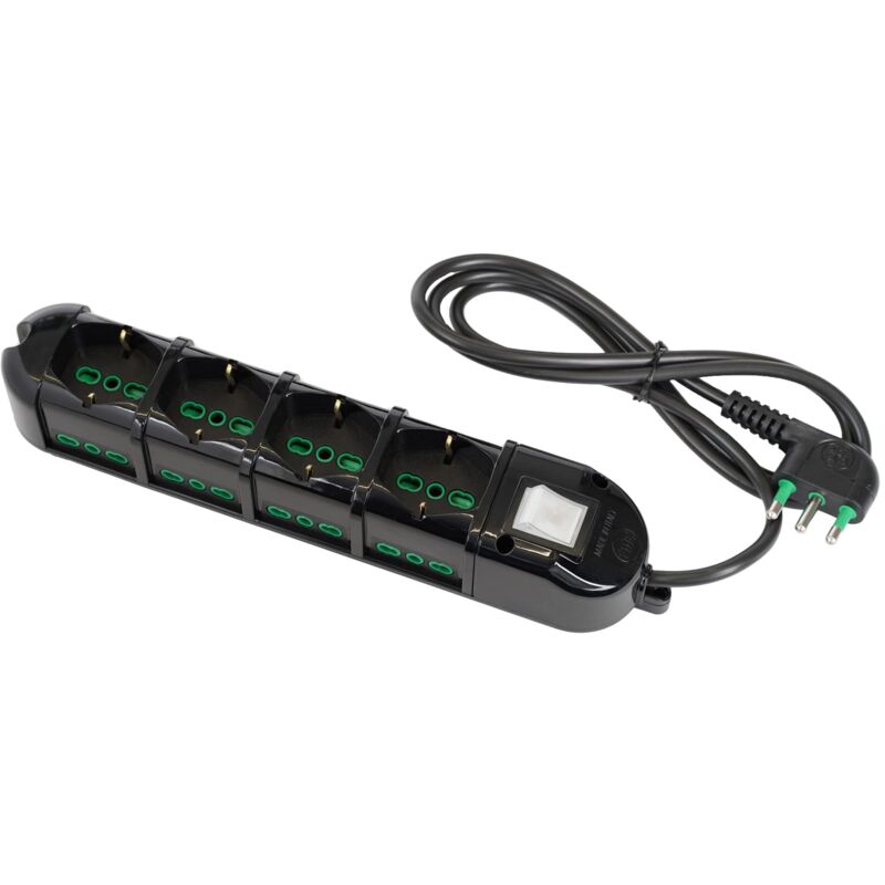 foto del prodotto fanton 481333 b multipresa elettrica 12 posti con 4 prese universali e 8 prese bivalenti italiane laterali ciabatta spina grande 16a colore nero cavo