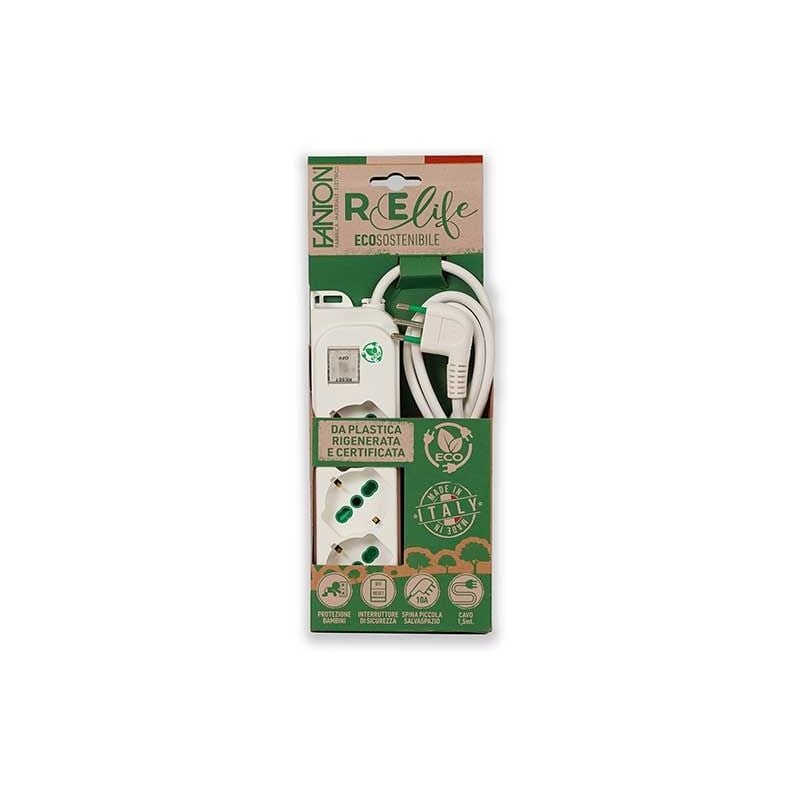 foto del prodotto fanton multipresa omega eco 3 prese schuko bipasso 2p t 16a spina italiana 2p t 10a cavo 1.5m con interruttore luminoso 474604eco