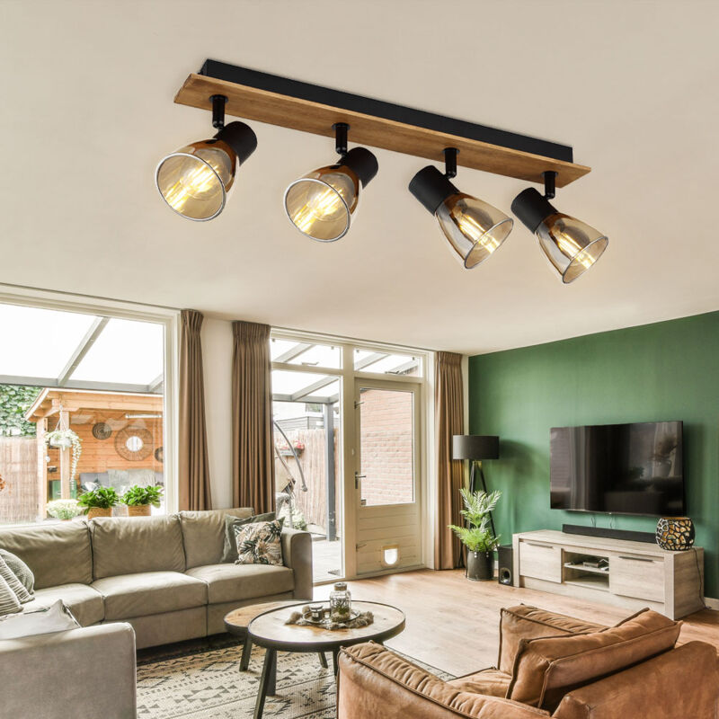 foto del prodotto faretti da soffitto striscia orientabile 4 fiamme lampada da soffitto in legno vetro fum nero, metallo, 4x prese e14, lxpxh 50x7x15,5 cm