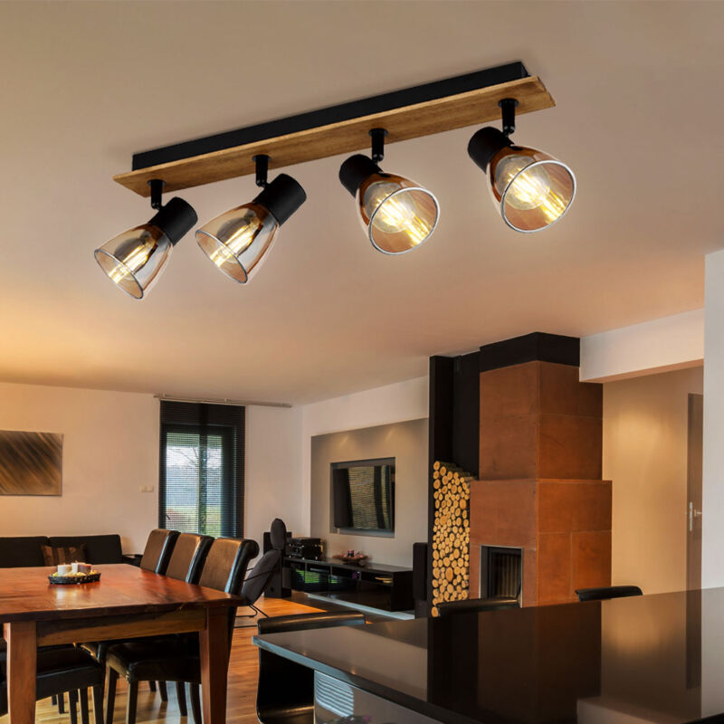 foto del prodotto faretti da soffitto striscia orientabile 4 fiamme lampada da soffitto in legno vetro fum nero, metallo, 4x prese e14, lxpxh 50x7x15,5 cm