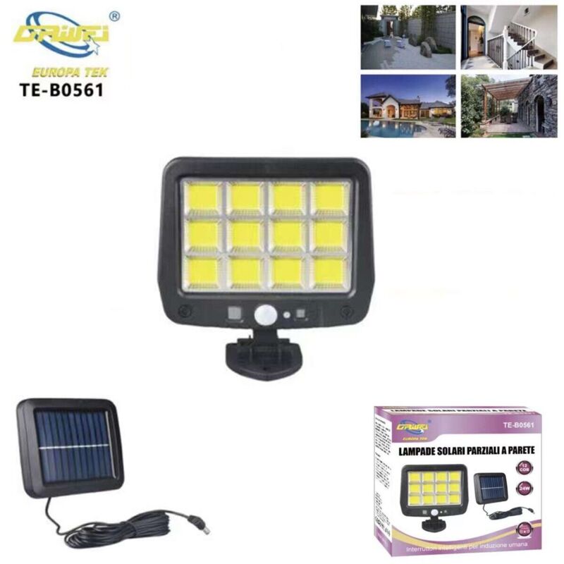 foto del prodotto faretto 12 led cob 24w esterno pannello solare sensore movimento crepuscolare 61