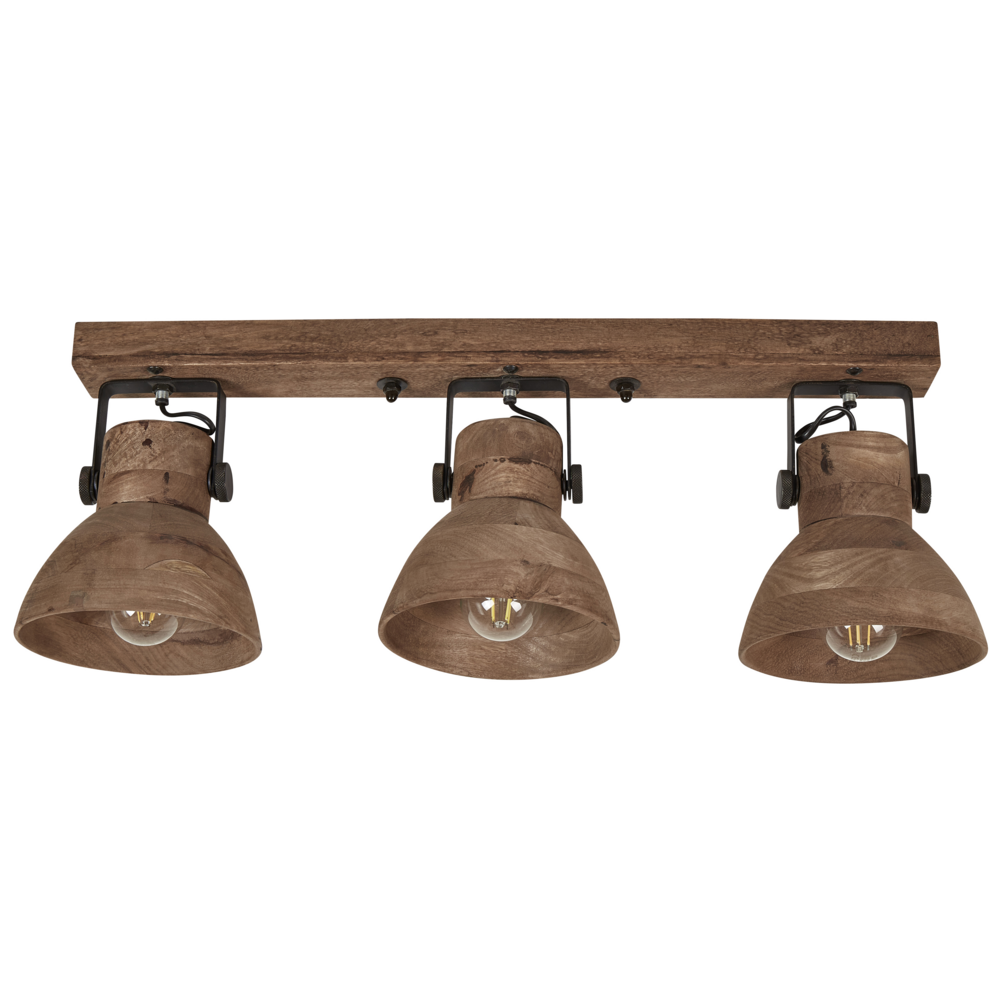 foto del prodotto faretto a 3 luci legno di mango scuro e design contemporaneo nero paralumi regolabili