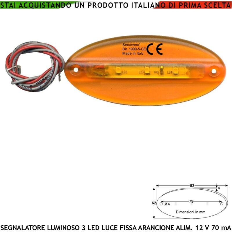 foto del prodotto faretto arancione 3 led alta luminosit luce fissa basetta ovale piatta aliment. 12 vcc assorb. 70 ma in metacrilato ip44 per asta barriera freccia