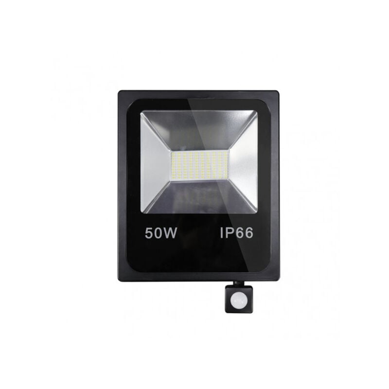foto del prodotto faretto con sensore olivino 50w 6500k nero 4500lm led sm ip66 33,5x24x6 cm