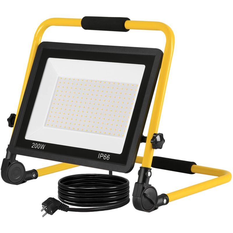 foto del prodotto faretto da cantiere a led faretto da lavoro 200w 16000lm lampada da esposizione bianco caldo proiettore a led cavo 3m e supporto pieghevole per