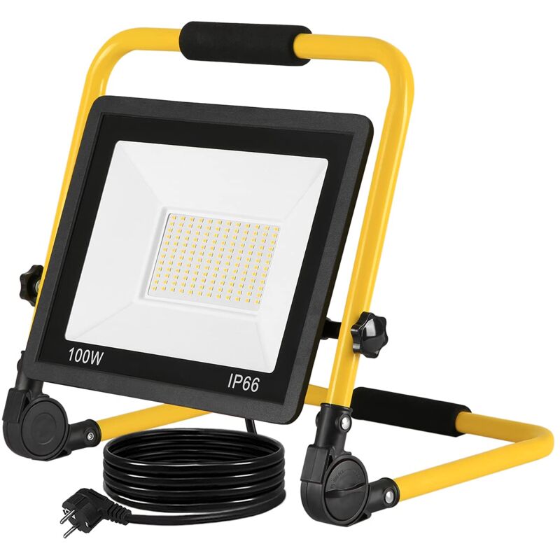 foto del prodotto faretto da cantiere a led lampada da lavoro 100w 8500lm lampada espositiva bianco caldo proiettore a led cavo 3m e supporto pieghevole per officina
