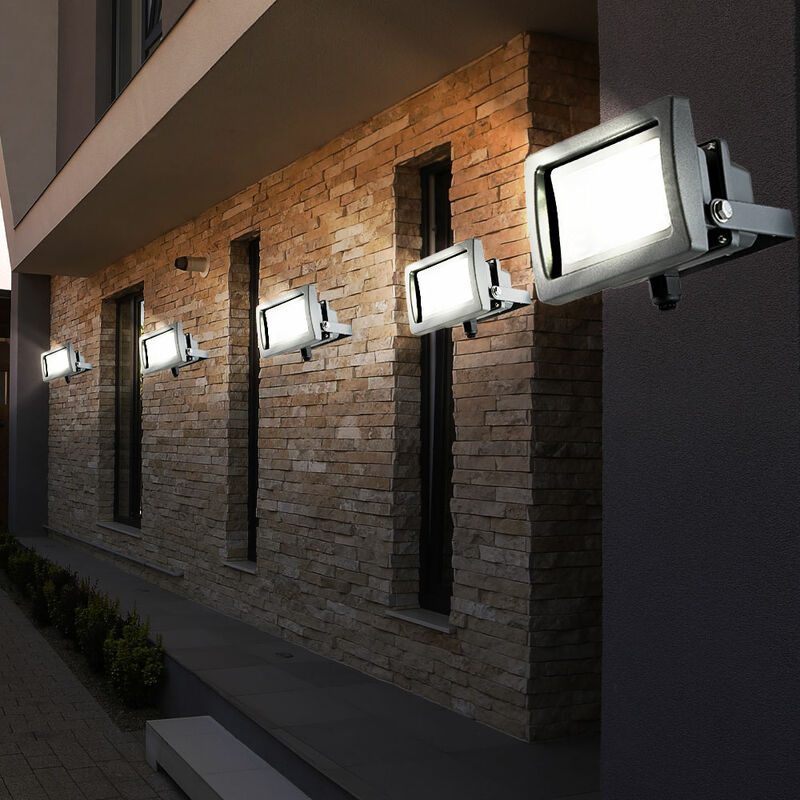 foto del prodotto faretto da costruzione a led proiettore per esterni faretto da parete, alluminio vetro grigio 10w 750lm bianco luce diurna, set da 5