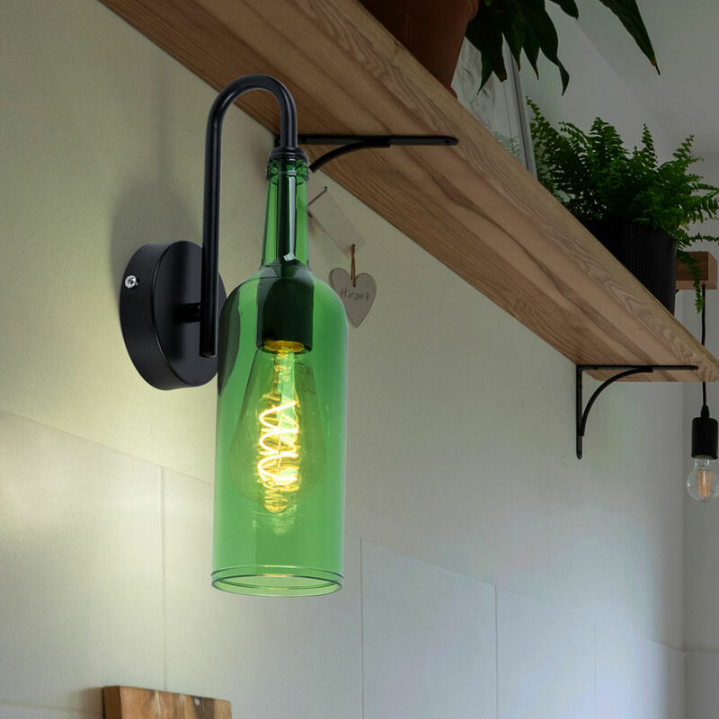 foto del prodotto faretto da parete faretto da parete lampada da soggiorno design bottiglia, metallo nero acrilico verde, 1x e27 max 8w, lxa 10x35cm