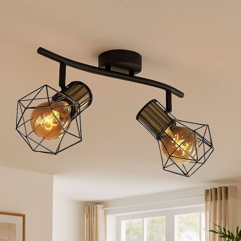 foto del prodotto faretto da soffitto, 2 fiamme, plafoniera nera, metallo nero, plafoniera retr , 2 faretti, orientabili, color ottone, 2x e27, lxpxh 34x13x19 cm