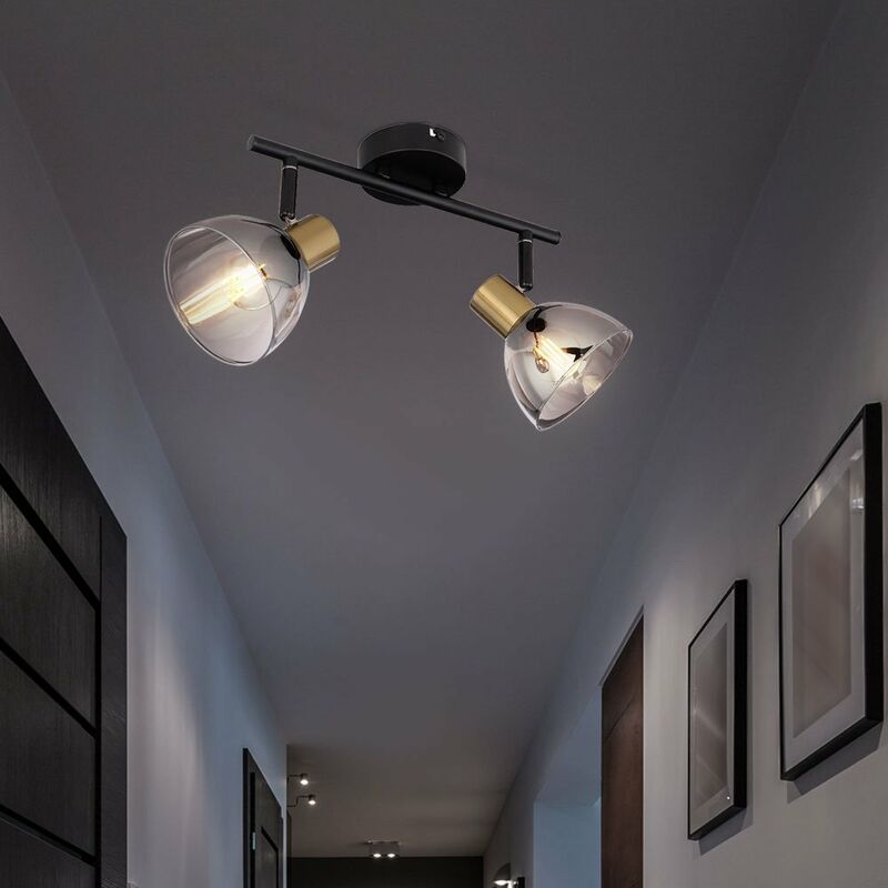 foto del prodotto faretto da soffitto 2 fiamme plafoniera plafoniera retr nera sala da pranzo con faretti girevoli, ottone nero, vetro fum , lxpxh 30x11x17,5 cm