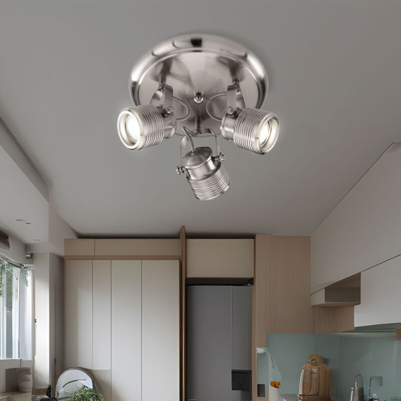 foto del prodotto faretto da soffitto 3 fiamme retro lampada soggiorno soffitto 3 faretti plafoniera tonda, orientabile, metallo nichel opaco, 3x prese gu10, dxh 25x15