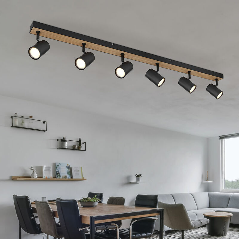 foto del prodotto faretto da soffitto faretto da soffitto spot nero striscia spot 6 fiamme, effetto legno mdf scandinavo, 6 prese gu10, lxlxa 115x6x13,5cm