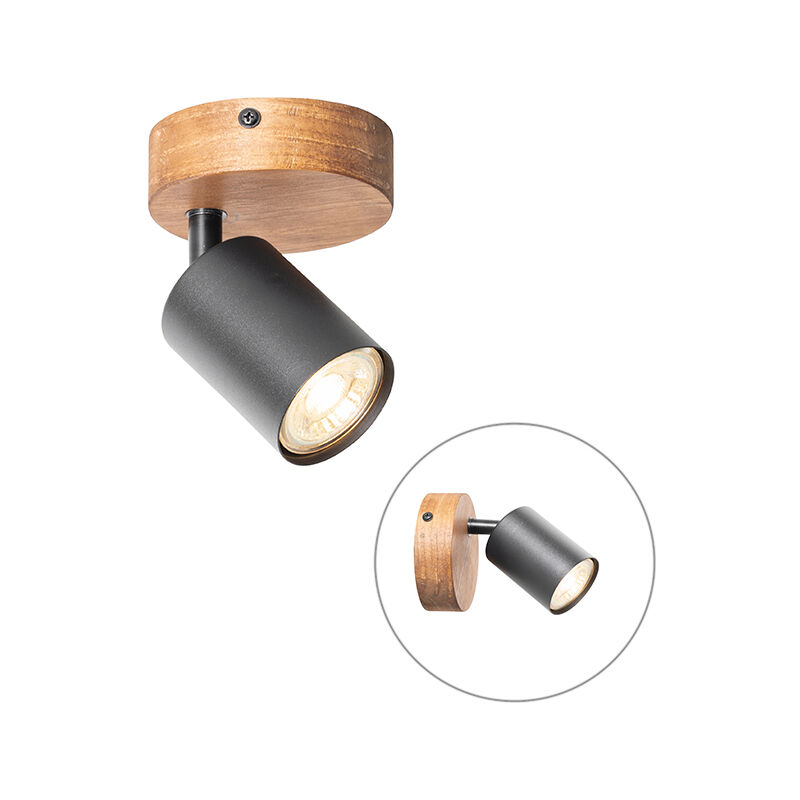 foto del prodotto faretto da soffitto parete jeana industriale acciaio,legno nero marrone tondo max. 1 x watt qazqa