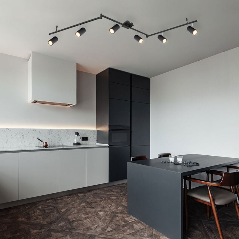 foto del prodotto faretto da soffitto plafoniera da barra spot a 6 luci in metallo nero, bracci e faretti orientabili, 6x gu10, lxpxh 180x10x18,5 cm