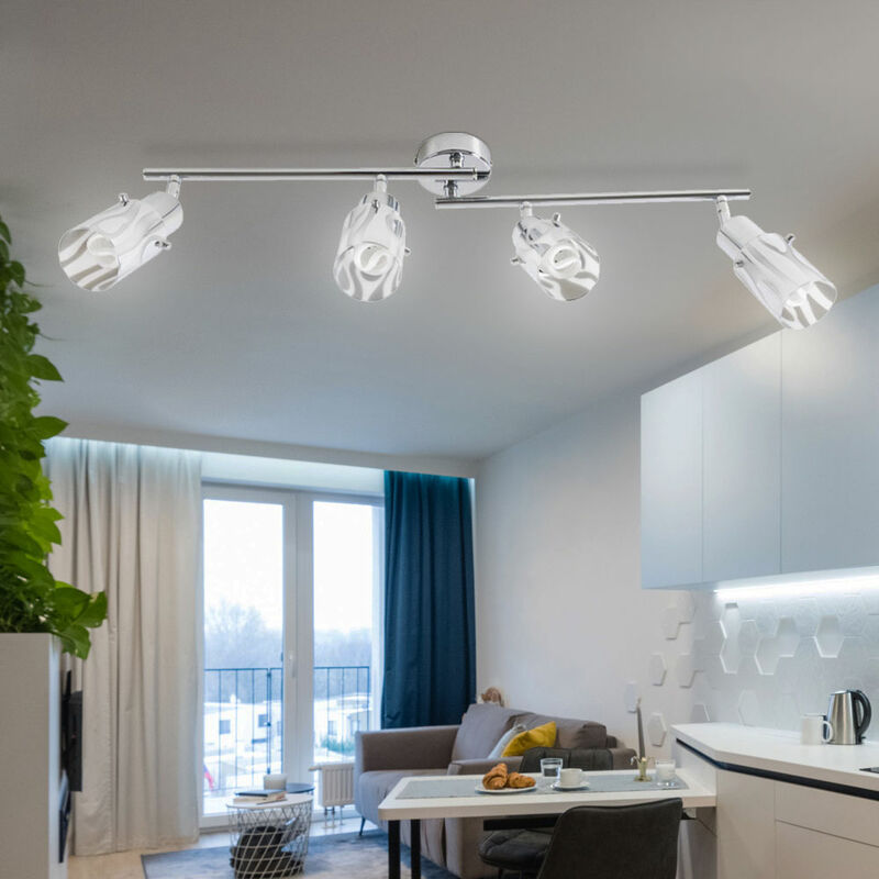 foto del prodotto faretto da soffitto plafoniera soggiorno spot bar, faretti orientabili, vetro cromato opale, 4x prese e14, lxh 69x12,5 cm