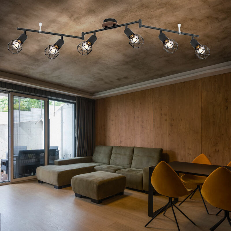 foto del prodotto faretto da soffitto vintage legno 6 luci spot strip metallo nero, faretti mobili, effetto legno retr marrone, 6x prese e14, hxlxl 24,5x116x10 cm