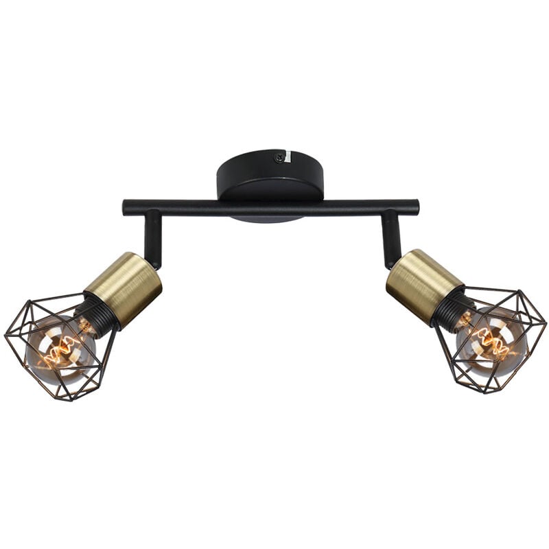 foto del prodotto faretto da soffitto vintage plafoniera 2 punti luce metallo nero, faretti mobili, rete metallica retro oro, 2x prese e14, hxlxl 20x22x8 cm
