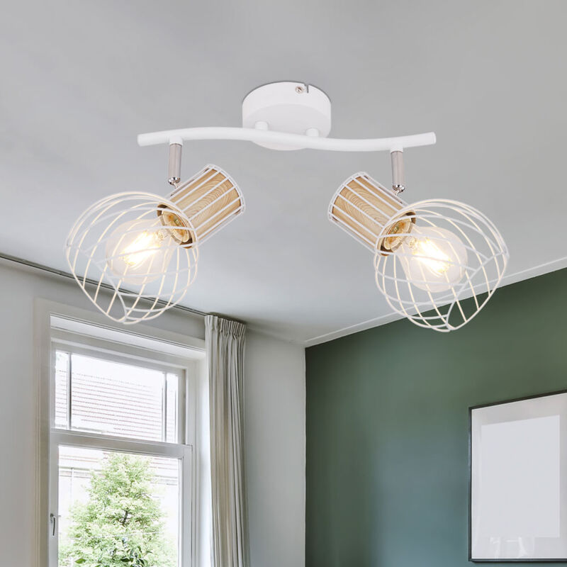 foto del prodotto faretto da soffitto vintage plafoniera faretto a 2 luci in metallo bianco con faretti orientabili, rete metallica retr , 2x prese e27, lxpxh