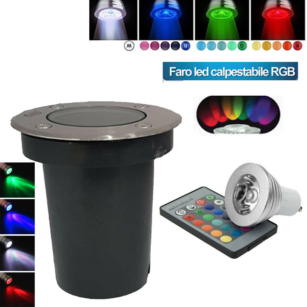 foto del prodotto faretto faro calpestabile gu10 lampada segnapasso rgb 3w con telecomando esterno