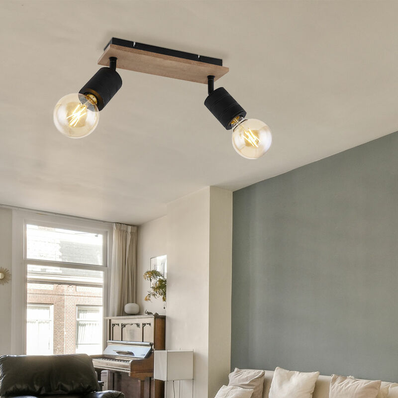 foto del prodotto faretto, lampada da soggiorno, plafoniera, 2 punti fiamma, mobile, aspetto legno, metallo nero, 2 prese e27, lxpxa 31x10x18 cm