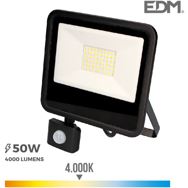 foto del prodotto faretto led 50w 4000lm 4000k luce diurna con sensore di presenza 23,8x4,5x19,2cm edm